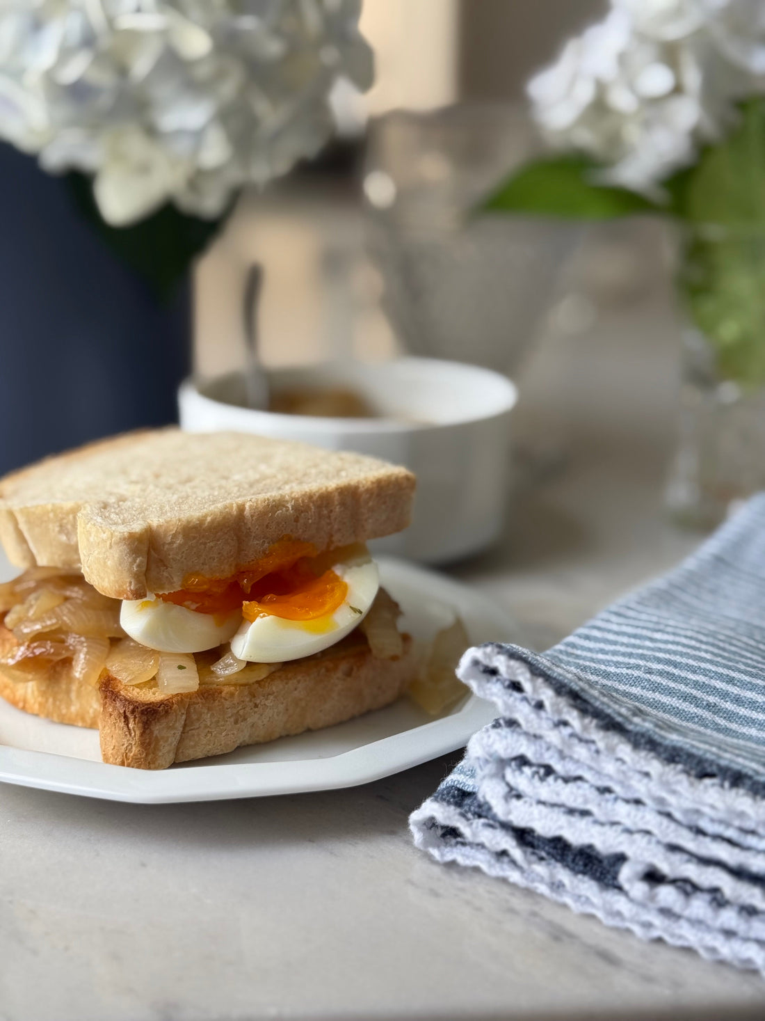 Caramelized Onion, Cheddar & Soft Boiled Egg Sandwich