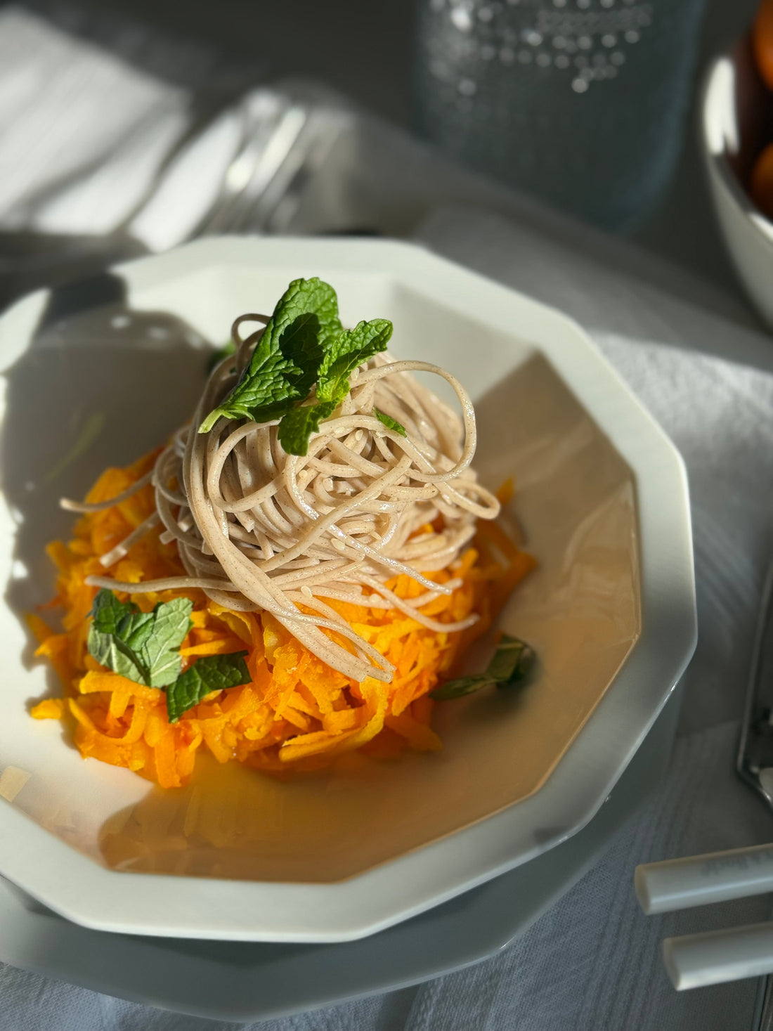 Sesame Soba Noodles over Sweet & Sour Squash