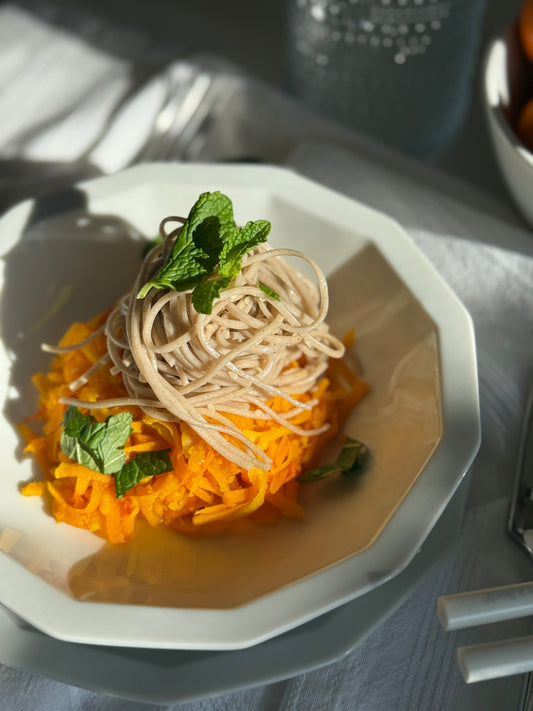 Sesame Soba Noodles over Sweet & Sour Squash